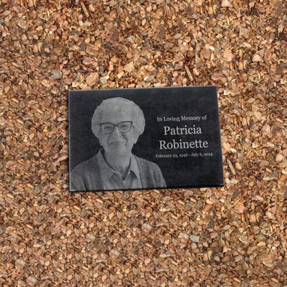 Black Granite Memorial Headstone for Lost Loved Ones, Dogs, Cats, and Family Pets. " Great for Your Garden, Tree Dedication, or in a Cemetery. Includes your personal photo and text. (14 x 9 x 2") | Includes photo and text for lost loved ones, dogs, cats,
