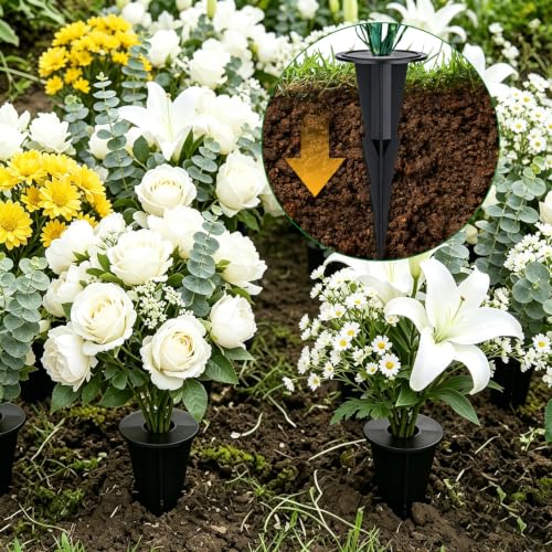 4 Pcs Memorial Artificial Flower Holder, Patio Garden Floral Ground Spikes, Cemetery Flower Container Stakes, Black