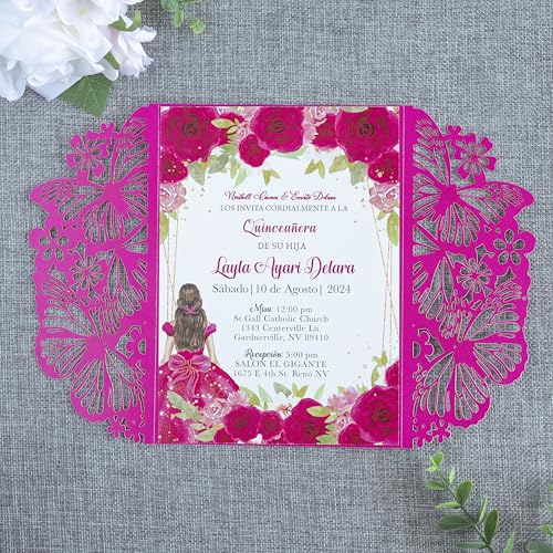 20 PCS Butterfly Quinceanera Invitation, Laser Cut Invitation Cards | 5.12x7.2" Fuchsia Butterfly Quinceanera Invitation with Envelopes for XV Anos Bridal Shower Baby Shower Invite - color: Fuchsia
