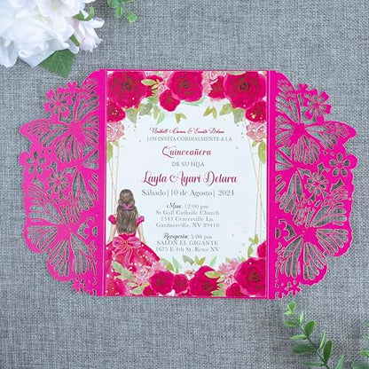 20 PCS Butterfly Quinceanera Invitation, Laser Cut Invitation Cards | 5.12x7.2" Fuchsia Butterfly Quinceanera Invitation with Envelopes for XV Anos Bridal Shower Baby Shower Invite - color: Fuchsia
