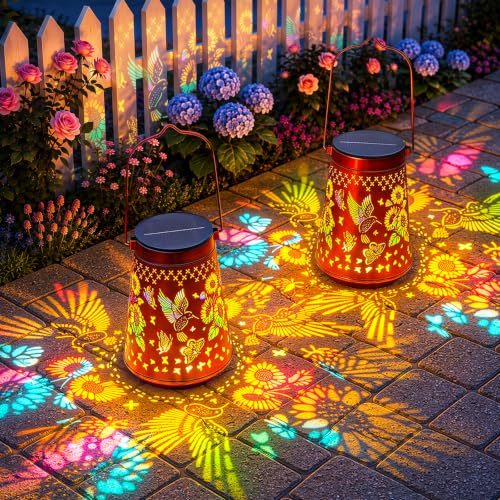2 Pack Solar Lanterns Outdoor Waterproof Birthday Gifts for Women Mom | Colorful Hollow Metal Sunflowers Butterflies Hummingbirds Lantern, 2 Modes Hanging Solar Lights for Gardens, Patios Decor - color: Hummingbird Sunflower Butterfly, size: 2 Pack