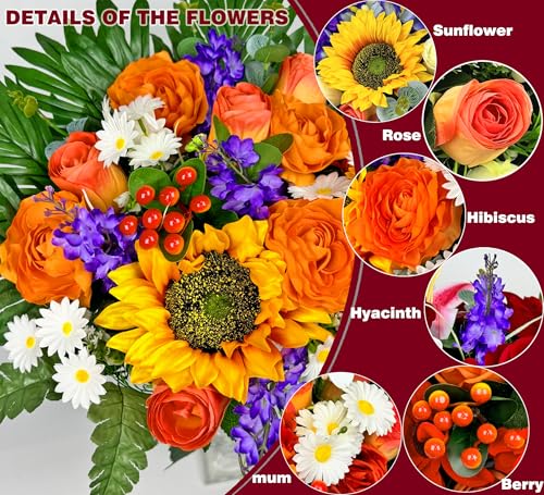 Artificial Cemetery Flowers for Grave Vase - Gravesite Flowers,Fade-Proof Headstone Decorations with Sunflower Rose Lavender Mix Bouquet