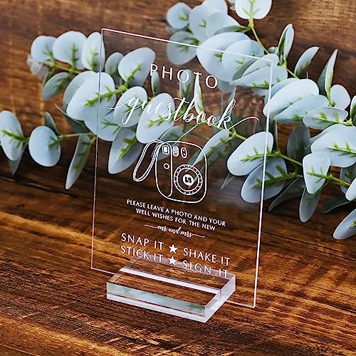 Acrylic Photo Guestbook Signs with Stand- 5x 7 Inch Glass Look Clear Acrylic Wedding Reception Sign Modern Font Sign with Holder for Wedding Reception & Party Event - size: 5" x 7" Photo Guest Book Sign