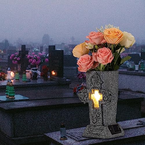 HUYIENO Solar Cemetery Vase with LED for Fresh/Artificial Flowers Grave Flower Cross Vase Headstones Vases with Spikes Gravestone Decor Memorial Gifts for Loss of Loved One - style: Large Cross