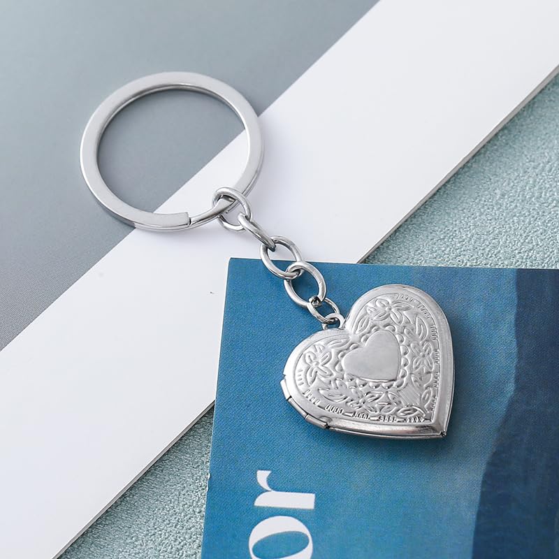 2PCS Elegant Heart Locket Keychain with Decorative Chain Stainless steel, Heart Pattern Design, Photo Frame Pendant - color: Heart-1
