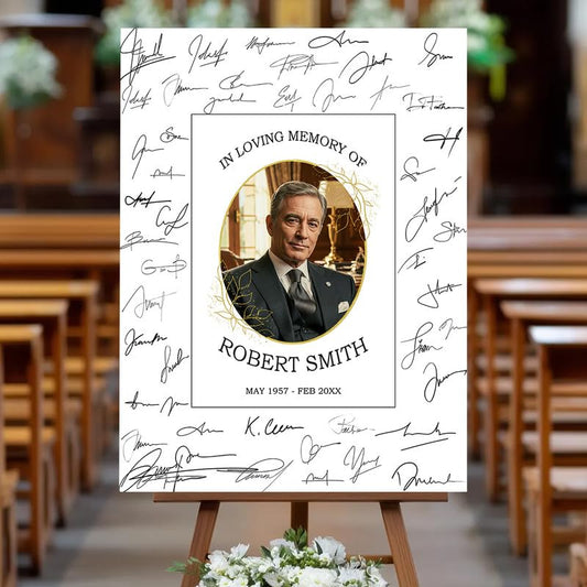 Personalized "In Loving Memory Of" Sign with Gold Laurel Accents - Custom Funeral Photo Board | Optional Guest Book Alternative - color: Design 4