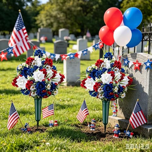 2 Set Artificial Patriotic Flowers Bouquet for Grave 4th of July Memorial Day Veterans Cemetery Decoration with Long Nail Vases Weatherproof Red White Blue Rose Daisy Floral American 250th Anniversary