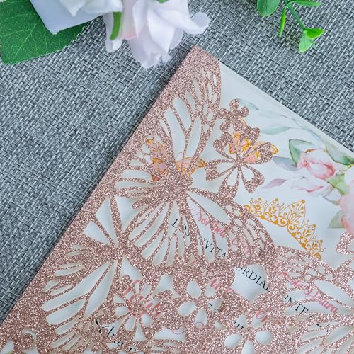 20 PCS Butterfly Quinceanera Invitation, Laser Cut Invitation Cards | 5.12x7.2" Rose Gold Glitter Butterfly Quinceanera Invitation with Envelopes for XV Anos Bridal Shower Baby Shower Invite - color: Rose Gold Glitter