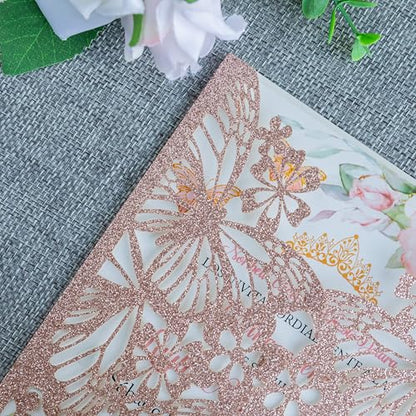 20 PCS Butterfly Quinceanera Invitation, Laser Cut Invitation Cards | 5.12x7.2" Rose Gold Glitter Butterfly Quinceanera Invitation with Envelopes for XV Anos Bridal Shower Baby Shower Invite - color: Rose Gold Glitter