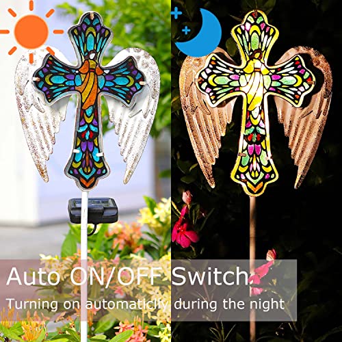 TEDOF Solar Glass Cross Stake Lights with Angel Wings | Grave Decorations for Cemetery Outdoor Cemetery Yard Lawn Pathway Sympathy Remembrance Gift for Mom