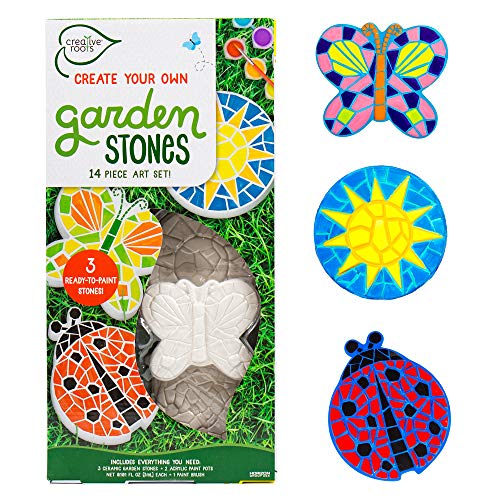 Creative Roots Paint Your Own Stepping Stones, Mini Butterfly, Ladybug, Sun | DIY Garden Stepping Stone Activity, Arts and Crafts Project for Kids, Includes Pre-Cast Ceramic and Paints - style: Pack of 3