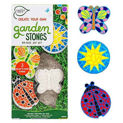 Creative Roots Paint Your Own Stepping Stones, Mini Butterfly, Ladybug, Sun | DIY Garden Stepping Stone Activity, Arts and Crafts Project for Kids, Includes Pre-Cast Ceramic and Paints - style: Pack of 3