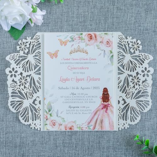 20 PCS Butterfly Quinceanera Invitation, Laser Cut Invitation Cards | 5.12x7.2" Rose Gold Glitter Butterfly Quinceanera Invitation with Envelopes for XV Anos Bridal Shower Baby Shower Invite - color: Rose Gold Glitter