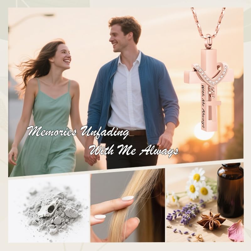 Cross Urn Necklace for Ashes Cremation Jewelry with Mini Keepsake Engraved Memorial Ash Pendant for Loved Ones Sympathy Gift - With Me Always - color: Rose Gold-With Me Always