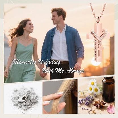 Cross Urn Necklace for Ashes Cremation Jewelry with Mini Keepsake Engraved Memorial Ash Pendant for Loved Ones Sympathy Gift - With Me Always - color: Rose Gold-With Me Always