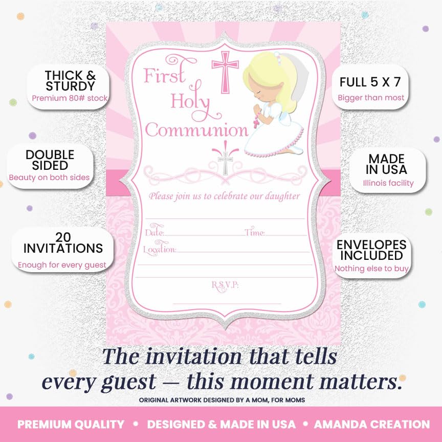 First Holy Communion Religious Party Invitations for Girls (Light Skin, Blond Hair), 20 5x7 Fill In Cards with Twenty White Envelopes by AmandaCreation - style: Light Skin, Blond Hair Girl