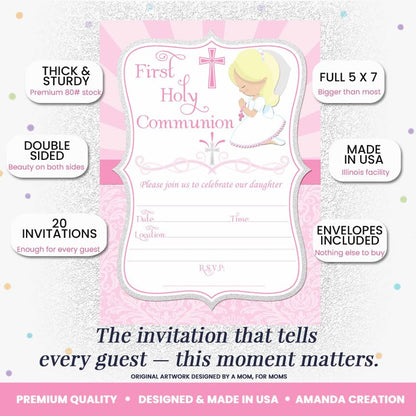 First Holy Communion Religious Party Invitations for Girls (Light Skin, Blond Hair), 20 5x7 Fill In Cards with Twenty White Envelopes by AmandaCreation - style: Light Skin, Blond Hair Girl