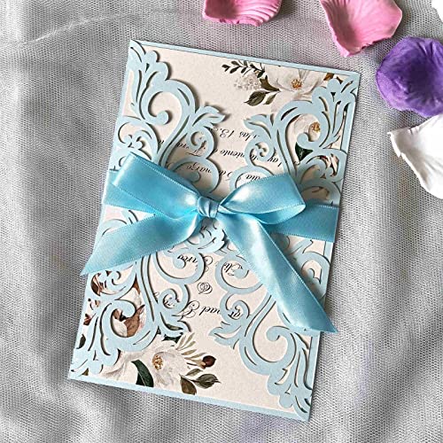 25PCS Light Blue Laser Cut Wedding Invitations Cards with Envelopes,Blank Inner Sheets,Ribbons for Wedding Bridal Shower Quinceanera Engagement Birthday Invites matte light blue B001 - color: matte light blue