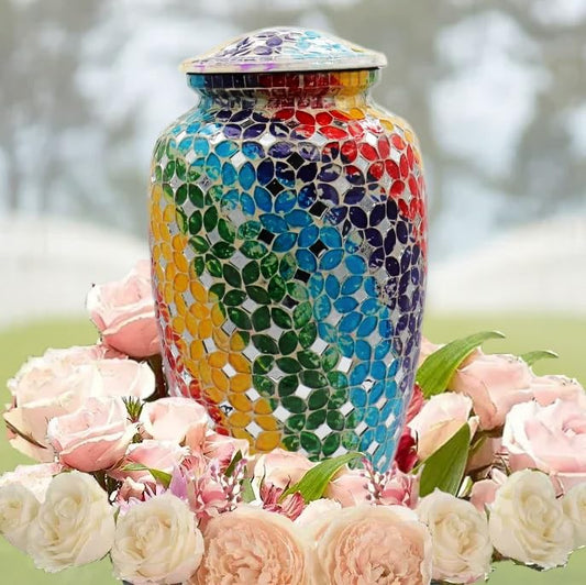 Rainbow Mosaic Funeral Urn - Handmade Cremation Urn with Individual Pieces of Glass - Large Size for Adults up to 200 lbs - Human Ashes - Cemetery Burial Home or Funeral - color: Rainbow