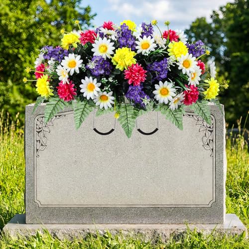 Giegxin Father's Day Headstone Flower Saddle Cemetery Flowers for Grave Artificial Memorial Flowers Yellow White Daisy Mums Silk Floral Arrangement for Dad Headstone Gravesites Outdoor Graveyard Decor - color: Colorful, style: Daisy Mum
