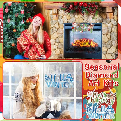 Cinnvoice Seasonal Diamond Art Hanging Kit,12 Pcs,Seasonal | Holiday Diamond Art Wreath Ornament, Month Gem Hanging Sign, Festival Crystal Suncatcher, for Door Window Wall Home Decor - style: Seasonal