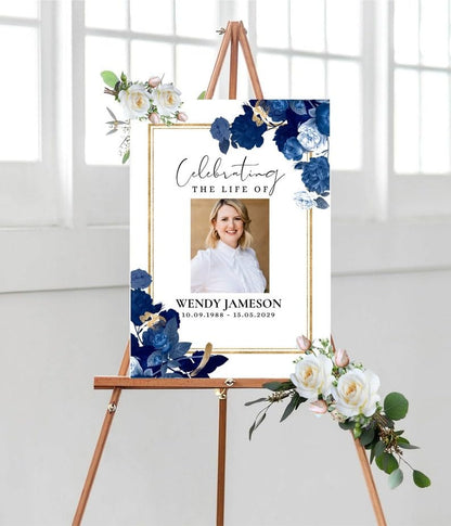 Funeral Photo Sign, Blue and Gold Funeral Memorial Sign, Personalised Funeral Poster, Funeral Welcome Board, Outdoor Memorial Garden Decor, Celebration Life Party Ideas