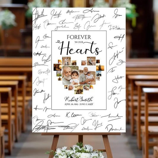 "Forever In Our Hearts" Photo Collage Memorial Sign - Custom Funeral Remembrance Board with Heart-Shaped Photos|Guest Book Signature - color: Design 8