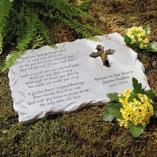 Let's Make Memories Personalized Cross Memorial Stone - Custom Grave Marker | Condolences for Loss of Mother, Father, Spouse - Laser Engraved Custom Message, Durable Indoor/Outdoor Resin Garden Stone - style: Cross Memorial