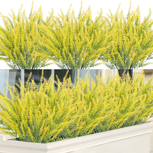12 Pcs Artificial Lavender Fake Flowers Outdoors, Yellow | Realistic, faux plastic plants, UV resistant, for home wedding garden patio window table centerpieces indoor outdoor decor - color: Yellow, size: 12 Bundles