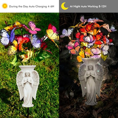 Solar Angel Grave Decorations - Metal Silhouette Memorial Stake with Butterfly Lights, Flat Garden Decor for Cemetery, Sympathy Gift(Angel with Flowers) - style: Angel with Flowers
