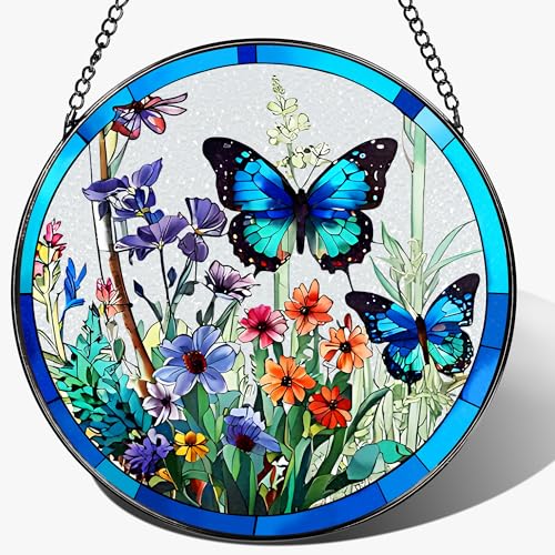 Stained Glass Window Hanging, 8 Inch Butterfly Sun Catchers Indoor Window, Suncatchers for Windows Hanging, Home Decoration and Christmas, Festival, Mother's Day, Birthday, Gifts for Women, Mom - color: Butterfly With Wildflower