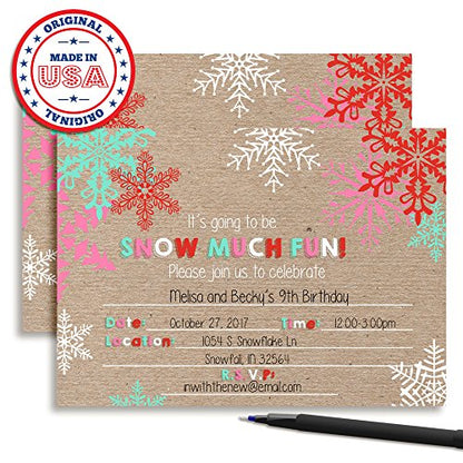 Snow Much Fun Snowflake Birthday Party Invitations, 20 5x7 Fill In Cards with Twenty White Envelopes by AmandaCreation - style: Snowflake
