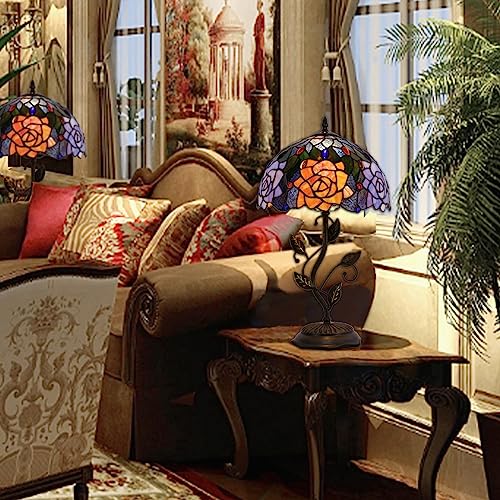 Tiffany Lamp Orange Red Rose Stained Glass Table Lamp - color: Orange Red Rose