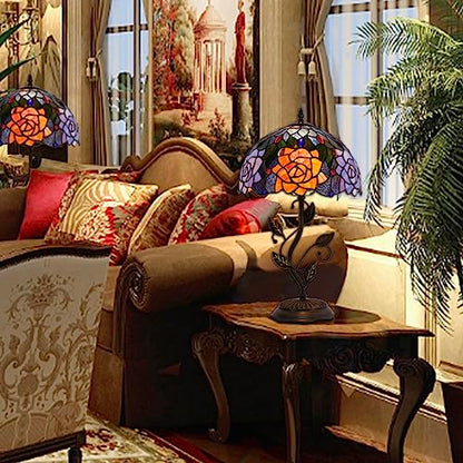 Tiffany Lamp Orange Red Rose Stained Glass Table Lamp - color: Orange Red Rose