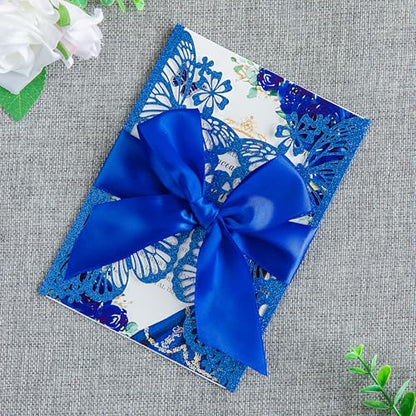 20 PCS Butterfly Quinceanera Invitation, Laser Cut Invitation Cards | 5.12x7.2" Blue Glitter Butterfly Quinceanera Invitation with Envelopes for XV Anos Bridal Shower Baby Shower Invite - color: Blue Glitter