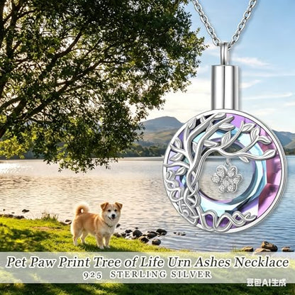 DAOCHONG Pet Paw Print Tree of Life Urn Necklace for Dog Cat Ashes Memorial | Sterling Silver Pet Cremation Pendant | Paw Print Keepsake | Memorial for Pet Loss - style: Purple Paw Print Urn Necklaces