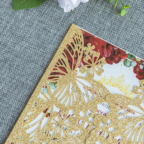 20 PCS Butterfly Quinceanera Invitation, Laser Cut Invitation Cards | 5.12x7.2" Gold Glitter Butterfly Quinceanera Invitation with Envelopes for XV Anos Bridal Shower Baby Shower Invite - color: Golden Glitter