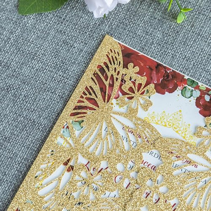20 PCS Butterfly Quinceanera Invitation, Laser Cut Invitation Cards | 5.12x7.2" Gold Glitter Butterfly Quinceanera Invitation with Envelopes for XV Anos Bridal Shower Baby Shower Invite - color: Golden Glitter