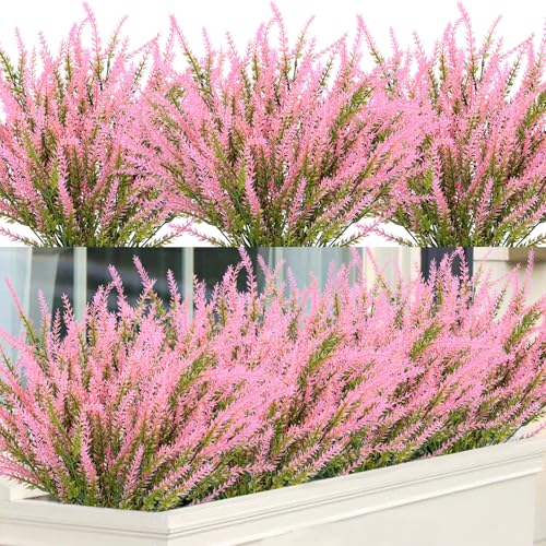 12 Pcs Artificial Lavender Fake Flowers Outdoors, Pink | Realistic, faux plastic plants, UV resistant, for home wedding garden patio window table centerpieces indoor outdoor decor - color: Pink, size: 12 Bundles