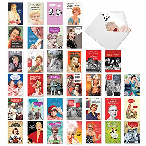 NobleWorks Retro Cards 36 Assorted Funny Birthday Cards Bulk Box Set w/Envelopes, Vintage Adult Humor Greetings Variety Pack for Men and Women (36 Designs, 1 Each) Retro Revelry AC7740BDG-B1x36 - style: Retro Revelry