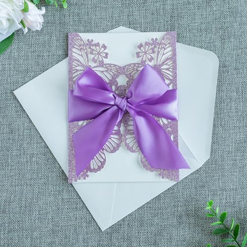 20 PCS Butterfly Quinceanera Invitation, Laser Cut Invitation Cards | 5.12x7.2" Purple Glitter Butterfly Quinceanera Invitation with Envelopes for XV Anos Bridal Shower Baby Shower Invite - color: Purple Glitter