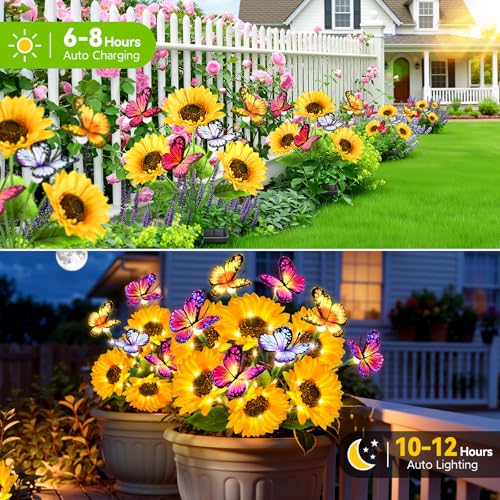 Solar Sunflower Lights with Butterflies, Bright Garden Light Outdoor Decor | Waterproof Lifelike Sunflower Blooms, Auto On/Off, Solar Flower Lights for Yards, Patios, Paths, Gifts for Women Mom Grandma - size: Butterfly Sunflower - 3PC