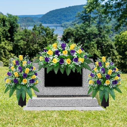 LVXINLI Artificial Cemetery Flowers Saddle-Shaped Tombstone Decorations Non-Fading UV-Resistant（ Yellow+Purple Saddle） - color: Yellow+purple Saddle