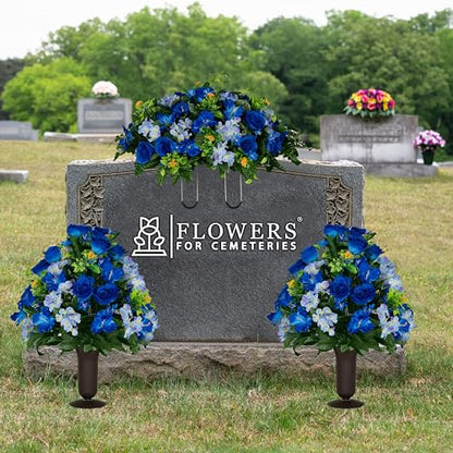 Sympathy Silks Artificial Cemetery Flowers - Gravesite Flowers - Blue Roses and Hydrangeas - (1) Headstone Flower Saddle & (2) Matching Bouquet - size: (1) Saddle (2) Bouquet