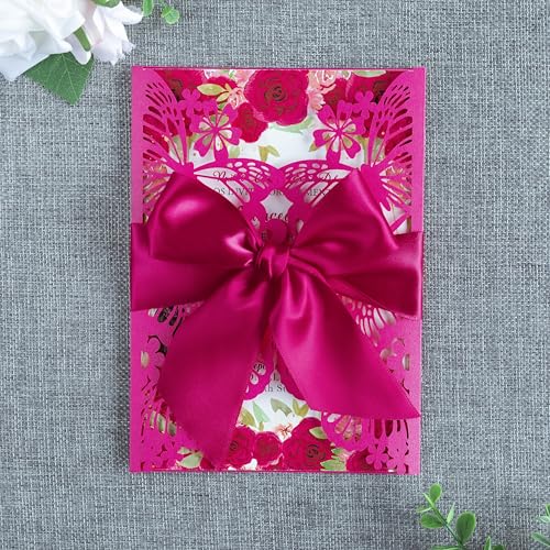 20 PCS Butterfly Quinceanera Invitation, Laser Cut Invitation Cards | 5.12x7.2" Fuchsia Butterfly Quinceanera Invitation with Envelopes for XV Anos Bridal Shower Baby Shower Invite - color: Fuchsia