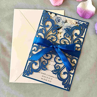 25PCS Royal Blue Laser Cut Wedding Invitations Cards with Envelopes,Blank pearl royal blue - color: pearl royal blue