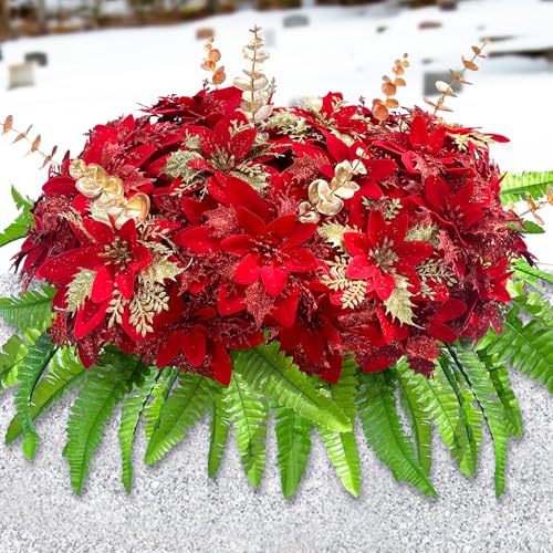 Christmas Cemetery Flowers Glitter Poinsettias Headstone Flowers Saddle Realistic Memorial Flower Arrangement with Gold Leaf - color: Glitter With Gold Leaf