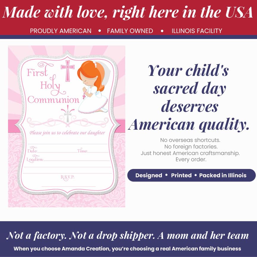 First Holy Communion Religious Party Invitations for Girls (Light Skin, Red Hair), 20 5x7 Fill In Cards with Twenty White Envelopes by AmandaCreation - style: Light Skin, Red Hair Girl