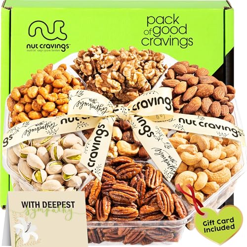 NUT CRAVINGS - Sympathy Condolence, Mixed Nuts (7 Assortments) | Gift Basket with Sympathy Ribbon + Greeting Card Food Platter, Healthy Snack Care Package, Food Assortments