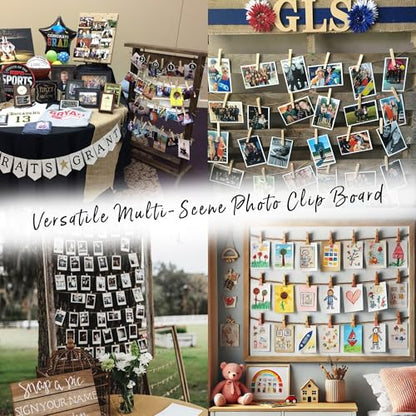 FramePro Wood Photo Display Board with Clips (Carbonized) | Freestanding stable desktop frame, holds up to 30 photos, ideal graduation table centerpiece decor - color: Carbonized Brown